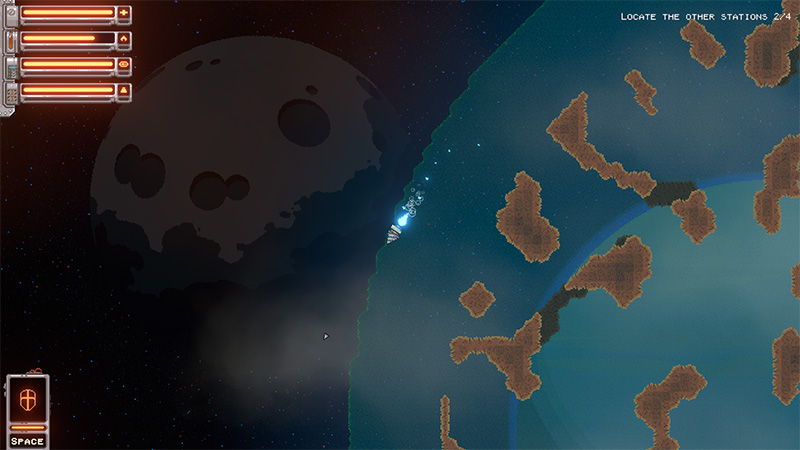 Ship flies over a water world: vast blue oceans with brown island-like landmasses. Cratered moon top-left.