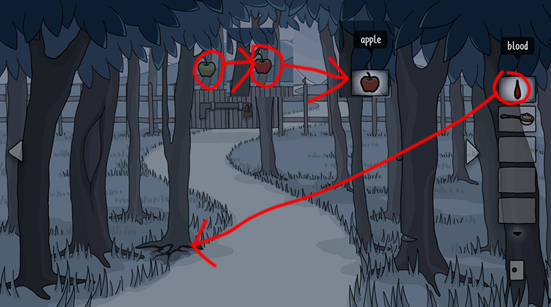 Drop blood on tree root → apple turns red; "apple" (red) appears in inventory.