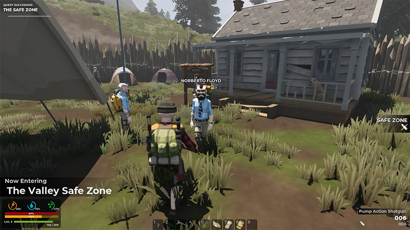 A survivor approaches a designated safe area where two NPCs stand near a wooden cabin, surrounded by tents and defensive fencing.