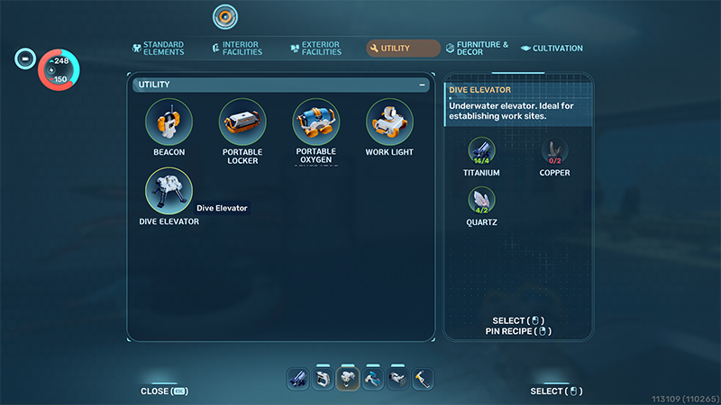Utility menu: Beacon, Portable Locker, Portable Oxygen, Work Light, and Dive Elevator. Selected: Dive Elevator.