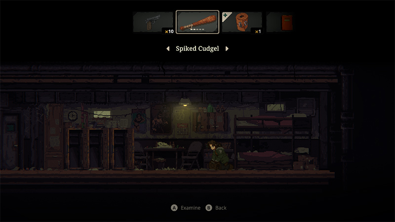 Game inventory UI overlay: top bar shows pistol ×10, spiked cudgel, molotov ×1; below, Katherine sits beside a bunk bed in a cramped, dimly lit room with lockers, posters, and flickering light—conveying survival tension.