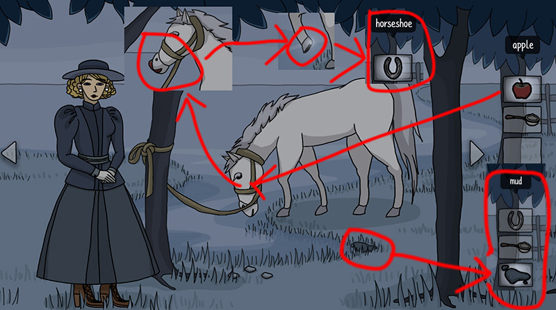 Horseshoe applied to horse’s head/hoof; apple and mud in inventory; red arrows show usage flow.