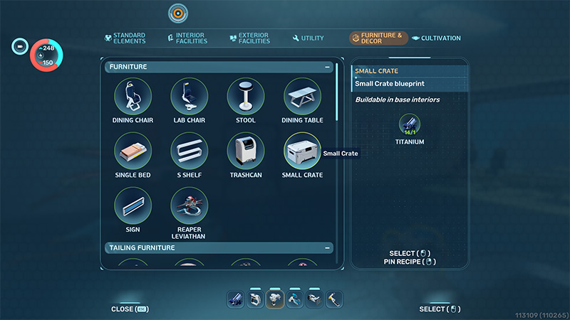 Furniture & Decor menu: Includes Dining Chair, Lab Chair, Stool, Dining Table, Bed, Shelf, Trashcan, Small Crate, Sign, and Reapex Leviathan.