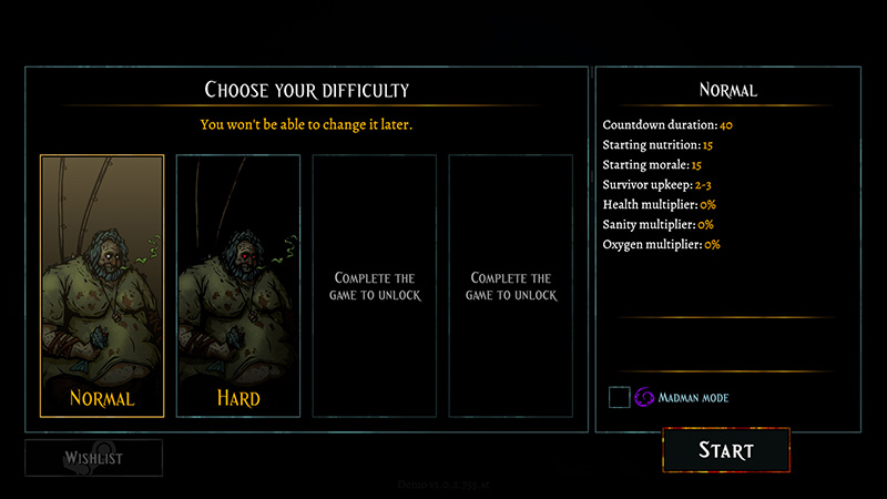Difficulty selection screen: “NORMAL” and “HARD” unlocked with illustrations; right panel shows NORMAL settings: Countdown 40, Starting nutrition 15, Morale 15, Survivor upkeep 2–3, Health/Sanity/Oxygen multipliers 0%; buttons: “WISHLIST”, “START”.