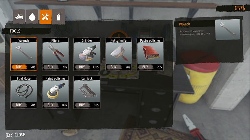 A digital shop interface displaying nine repair-related items: wrench, pliers, grinder, putty knife, polisher, fuel hose, paint polisher, and car jack—each shown as a realistic 3D icon on a dark panel.