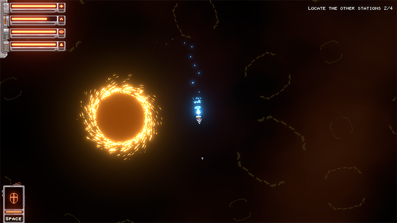 Ship approaches orange ring-shaped vortex with sparks. Faint dashed celestial outlines. Blue engine vs warm glow. Task: "LOCATE STATIONS 2/4".
