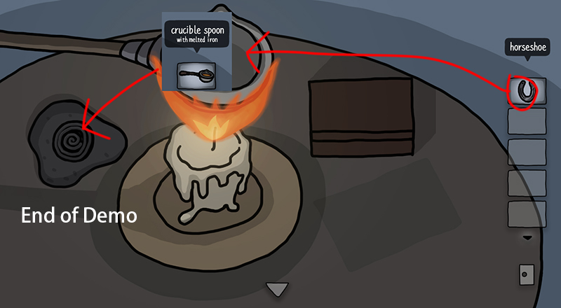 Crucible spoon heated over candle → becomes "crucible spoon with melted iron"; horseshoe in inventory.