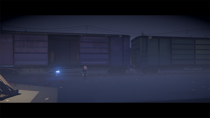The boy approaches an open freight car, followed closely by the deer emitting a soft blue glow; scattered debris litters the ground, evoking a sense of cautious exploration in the dim night.