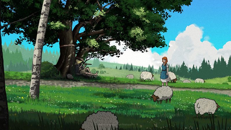 Sunlit meadow with birch tree, grazing sheep, and a resting figure under the shade. Protagonist walks calmly nearby.