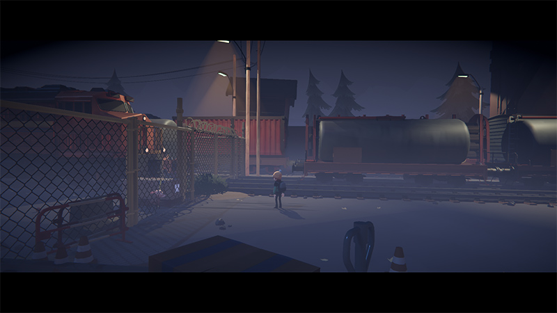 A nighttime cargo yard: a blond boy stands beside a chain-link fence, with freight trains and shipping containers in the distance; streetlights cast soft pools of light, and dark pine trees silhouette the horizon.