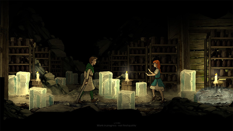 In a dim ice cellar, a figure holds a sword and advances toward the red-haired protagonist, who raises both hands with palms out in fearful defense.