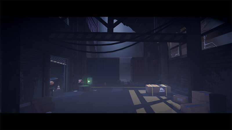 Inside a dimly lit loading bay: the boy peers cautiously from a doorway on the left, while the deer waits just outside; a glowing green puzzle device sits center-stage amid stacked cardboard boxes, with industrial pipes crisscrossing overhead.