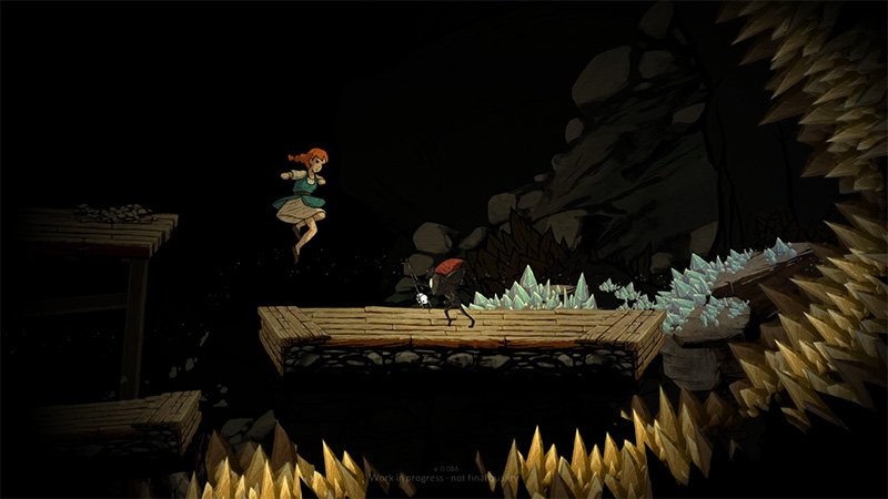 The red-haired protagonist leaps across a wooden plank over spikes, pursued by a shadowy creature. Crystalline formations glow nearby.