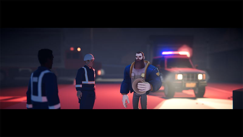 At night in an industrial zone, a bearded police officer holds his cap while speaking with two workers in reflective vests; a patrol vehicle with flashing red-and-blue lights stands behind them, creating a tense atmosphere.