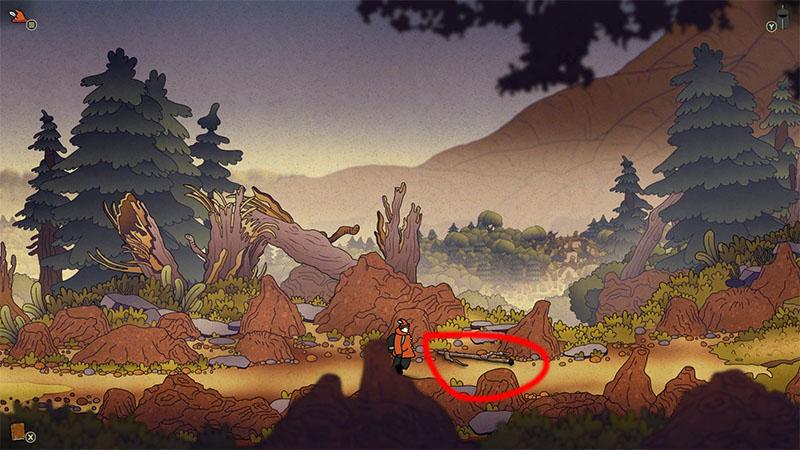 A 2D side-scrolling game screenshot. A protagonist in an orange jacket stands on a forest path filled with dead tree stumps and reddish-brown rocks. A fallen log on the ground to the right is highlighted with a red circle.