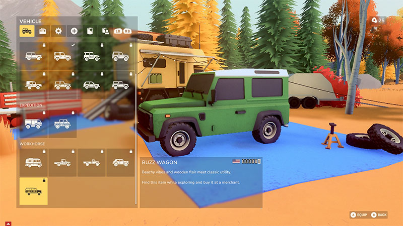 Vehicle selection screen showing a green "Buzz Wagon" off-road vehicle on a campsite, with UI panels for vehicle categories (Vehicle, Expedition, Workhorse) and item description. Autumn forest background.