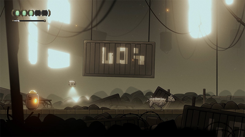 In a ruined environment, a quadrupedal robotic dog runs across rubble; to the left, a glowing spherical robot unit emits light, while a damaged metal shipping container hangs overhead (surface markings indistinct, text illegible), with hazy light sources and crisscrossing cables in the background.