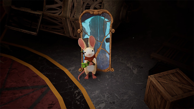 Quill, a small white mouse in a red scarf, faces the viewer directly with open paws, standing before a glowing blue mirror.