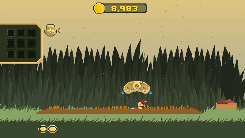 pale-yellow sky, jagged dark-green grass background. A character (red cap, blue tunic) crouches on scorched ground. Above them: a beige curved panel with 3 circular icons—light-brown base, dark center dot with concentric rings—and one small blue dot on each side. Top-left: empty 3×3 grid + tiny backpack icon. Top-center: gold coin + “8,983”. Bottom-right: red-lidded wooden chest.