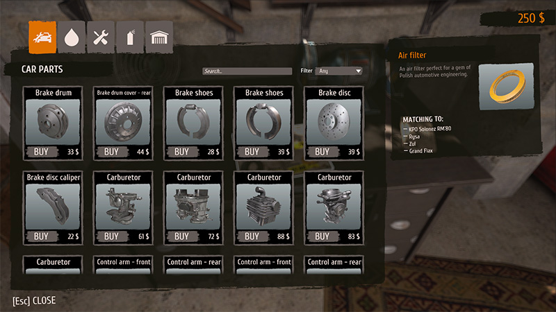 Car parts shop. Player balance: $250. Browseable parts list with individual prices. Selected item: air filter, detail panel shows compatible vehicle models.