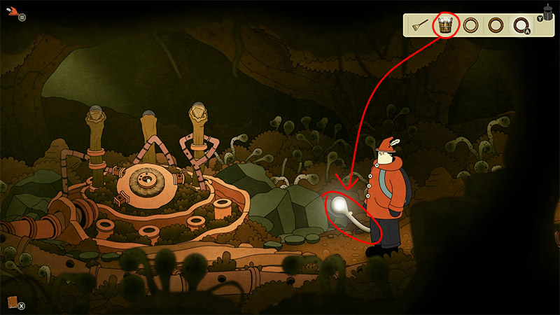 The protagonist moves right, approaching the glowing ant egg. A red arrow points from the bucket icon in the top-right inventory bar to the egg, indicating the player will use the bucket to attempt to collect or move it. Complex machinery and more glowing plants are visible in the background.