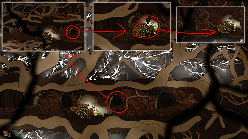 In a dim cave with layered gnarled roots and rock veins, a brass wheeled vehicle rests on an earthen platform, lit faintly by its own lamp.
