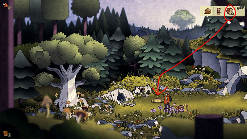 A character stands in a forest clearing with a small white tent and rocks ahead; dense trees and a large trunk surround the scene, with wildflowers and mushrooms on the ground.