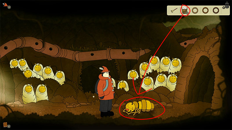 Underground ant nest scene with many yellow larvae wrapped in cocoons arranged in the background. The protagonist stands in the center facing a large yellow ant on the ground.