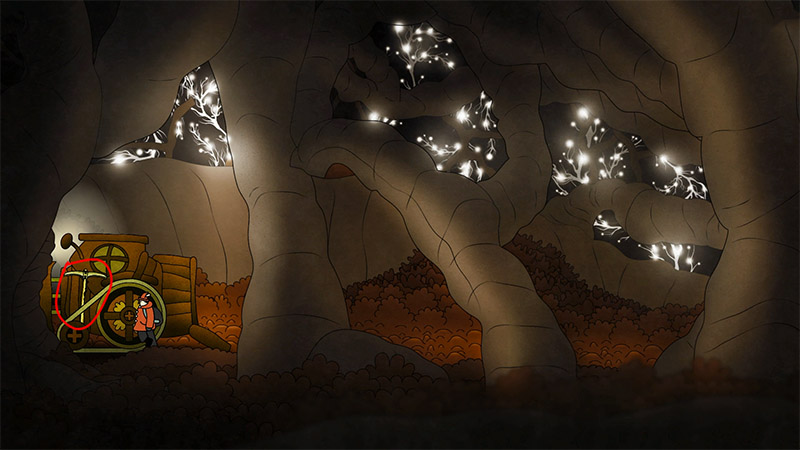 A pickable tool lies beside the wooden vehicle where an orange-clad figure stands, amid luminous roots in a cave.
