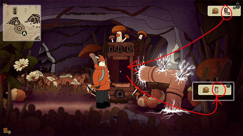 In a cave, a mushroom-adorned wooden door is closed; a broken pipe sparks electricity to the right, with acorns, white flowers, and vine-covered rocks nearby.