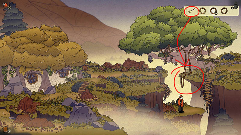 Open outdoor scene with a treehouse building on the left and a giant tree growing on a cliff edge on the right. The protagonist stands on a platform below the cliff.