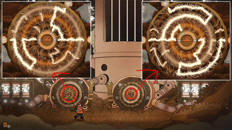 In a cave workshop, two large circular power hubs glow with arcs; the figure faces two unlit gear-like units below—structurally aligned, suggesting circuit connection is required.