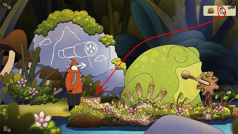 A large green frog sits on a wooden raft over water; a rock wall behind shows a mountain-and-telescope sketch, with glowing vines and pink flowers on the ground.