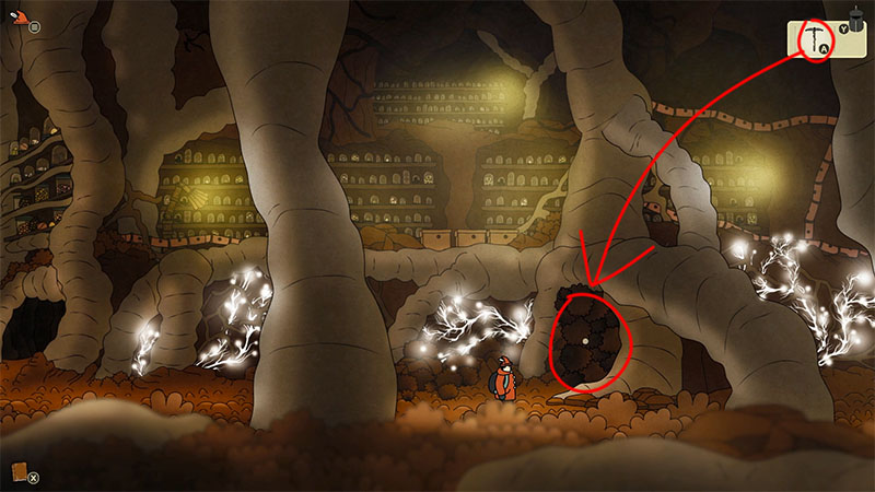 In a cavern of massive intertwined roots, tiered glowing dwellings line the walls; the figure stands near a dark excavatable opening between roots, with luminous vines nearby.