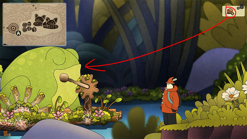 A giant frog stands in front of the red-clad protagonist. A red icon indicates to use the Frog Call Simulator to lure it away from the raft.