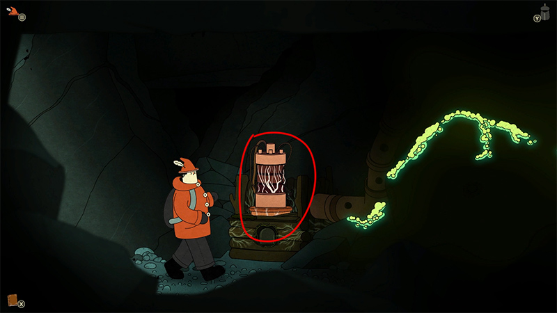 Inside a dim cave, the protagonist stands on the left facing an ancient mechanical device circled in red. The device contains glowing coils inside, and green fluorescent liquid is spraying from a pipe on the right.