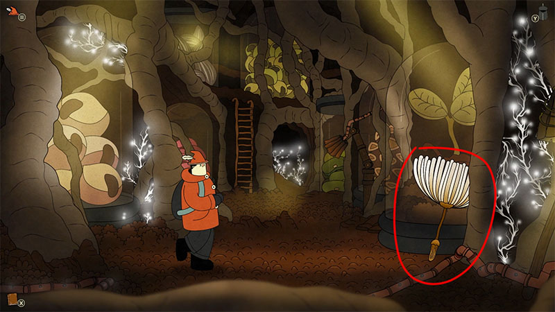 A character in an orange coat stands in a dim, root-filled cave; a glowing dandelion-like plant (highlighted in red) and bioluminescent vines/mushrooms surround them.