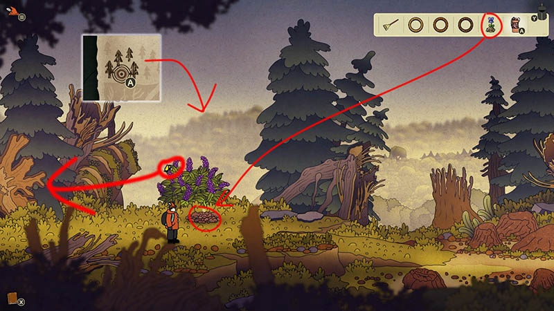 In an open forest scene, the protagonist stands in front of a cluster of purple flowers with a butterfly nearby. In the top-right corner, the flower icon in the inventory is circled in red, with an arrow pointing to the flower cluster, indicating that the player needs to use this item to interact with the flowers and trigger an event.