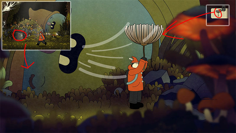 Character stands before giant’s face, holding dandelion-like plant to trigger breath—strong airflow propels them rightward. Top-left inset shows scene’s map location.