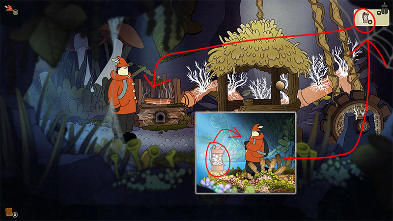 Explorer stands by forest elevator (thatched hut); left is battery slot—red arrows show inserting glowing-crystal jar to activate.