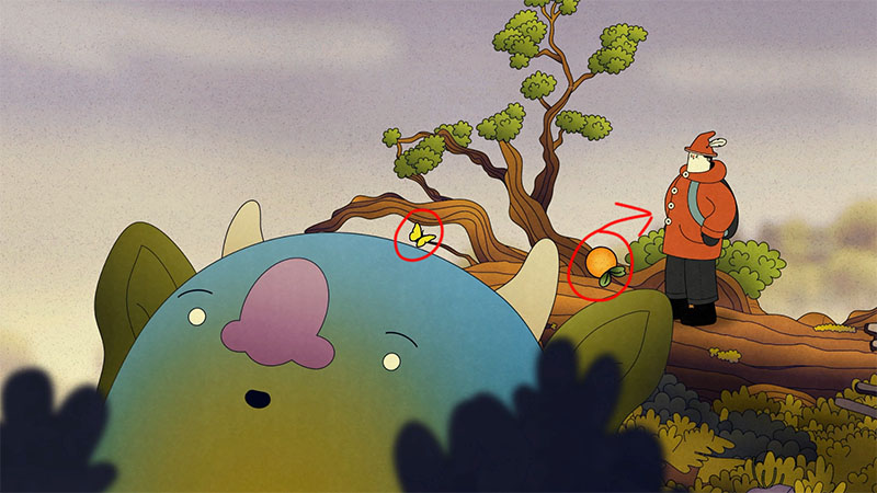 The protagonist stands on a tree next to a giant's head. Red circles mark a yellow butterfly on the tree trunk and an orange fruit respectively, indicating that these two objects are collectible or interactive targets in the current scene.