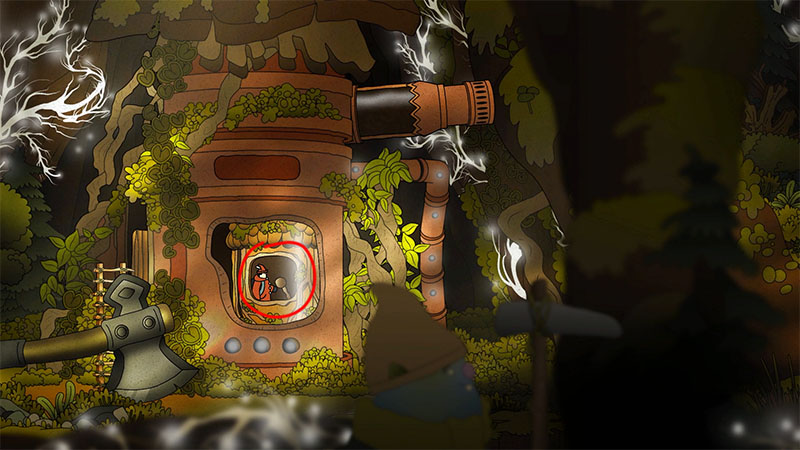 Character inside circular window of vine-covered rusty machine; glowing vines and steam/sparks surround it. Axe-like tool rests nearby.