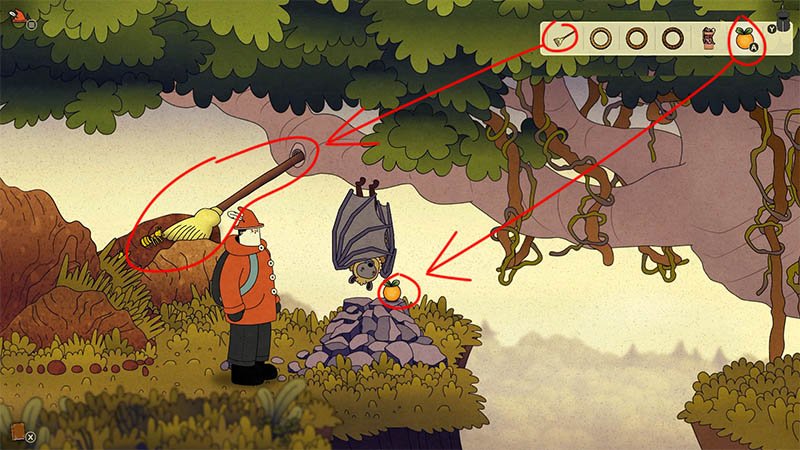 An explorer in an orange coat stands in a forest before a stone pile where a large purple bat hangs upside down next to an orange fruit. A broom leans against a tree on the left, with vines hanging on the right.