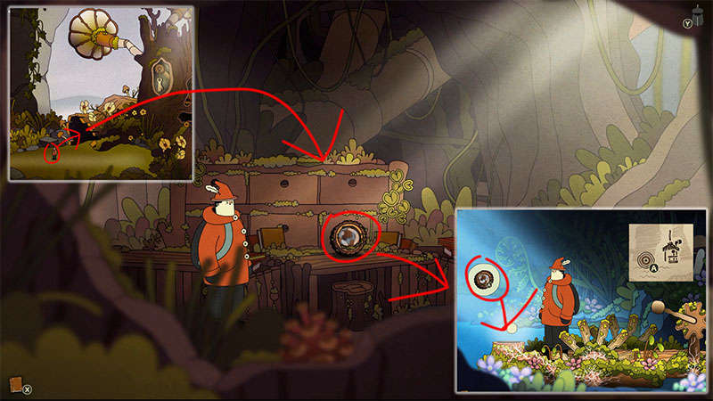 Explorer stands before a wooden platform with a circular telescope lens; background shows vine-covered treehouse and glowing flora.