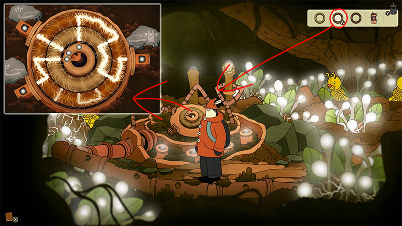 Botanist Henry standing before a circular power device in an underground ant nest, surrounded by glowing white mushrooms and yellow ants, with a close-up inset in the top-left corner.