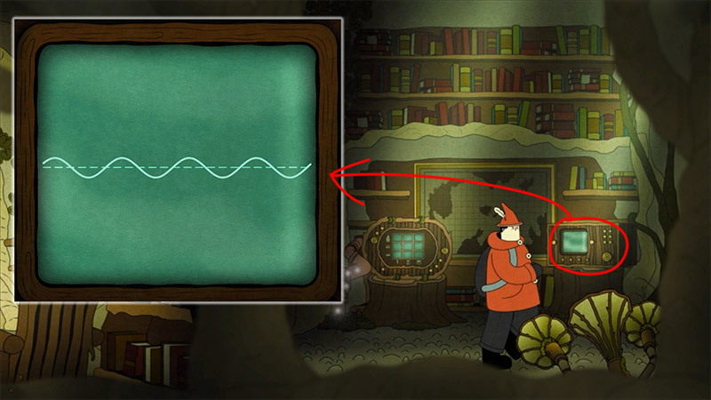 Old monitor on left shows low-amplitude sine wave; identical waveform on desk monitor right. Bookshelves and tree trunk in background; orange-clad figure stands beside devices.
