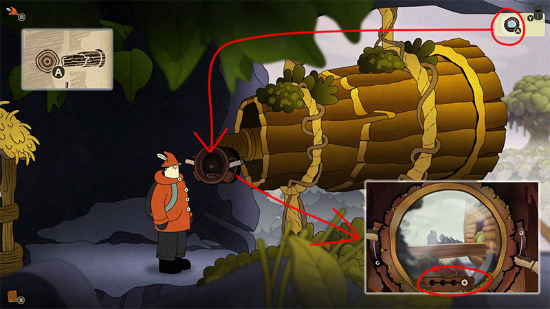 A massive telescope stands on a stone platform; looking through its lens reveals people logging the forest.