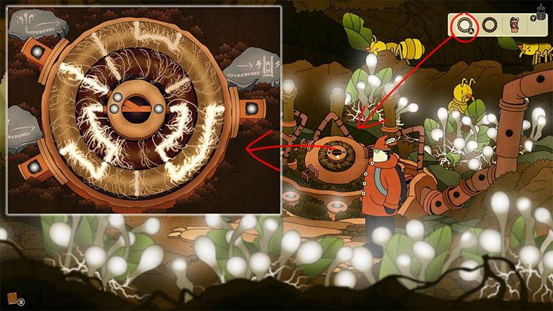 Player rotating a circular mechanical knob in the ant nest to restore power, with lightning patterns lighting up on the device surface, set against a background of giant pipes and luminous plant life.