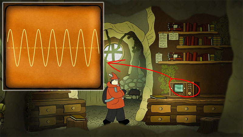 Top-left screen shows high-frequency sine wave; identical waveform on device atop wooden cabinet. Bookshelves with notes, vine-covered trunk in background; orange-clad figure stands before cabinet.
