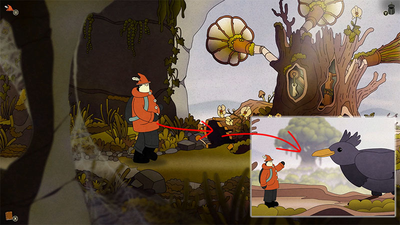 An explorer in an orange coat stands on a forest path beside rocks and a tree stump; ahead, a large tree trunk features a circular symbol-etched device, draped in vines and mushrooms.